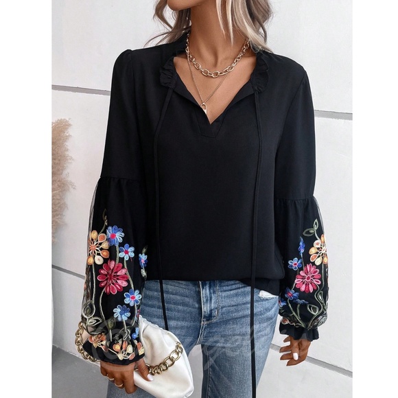 Black Boho Blouse Long Sleeve Floral Embroidery Neck Ties - Picture 6 of 10